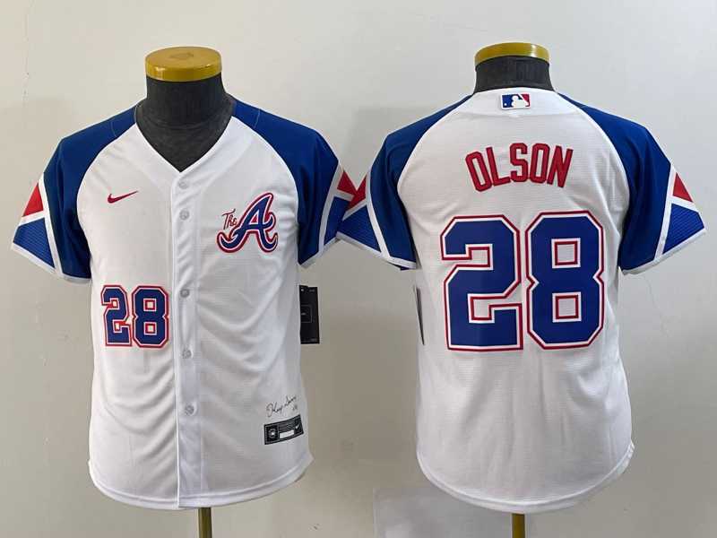 Youth Atlanta Braves #28 Matt Olson Number White 2023 City Connect Cool Base Stitched Jerseys